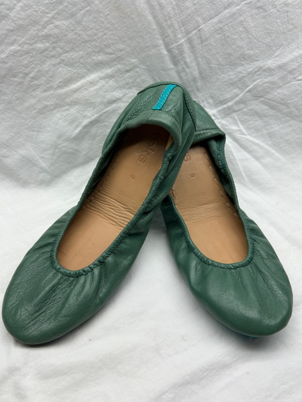 Tieks Green Leather Ballet Flats with Teal Heel Tab